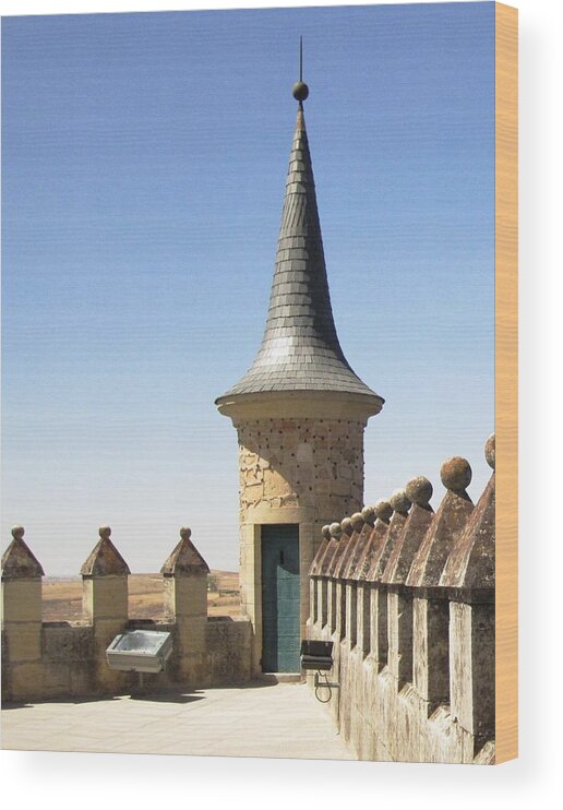 Segovia Wood Print featuring the photograph On the Roof of Segovia Castle with Cone Shaped Railing in Spain by John Shiron