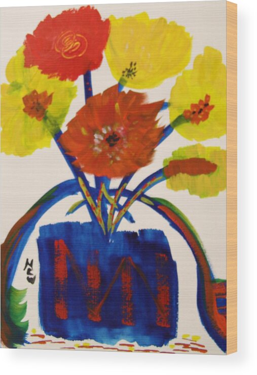 Blue Vase Floral Wood Print featuring the painting Painted for a June Day by Mary Carol Williams