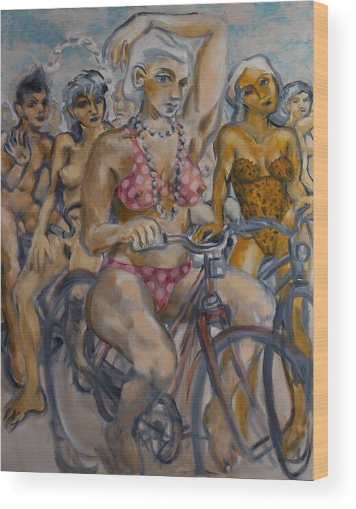 Nudes Wood Print featuring the painting Painted ladies on the naked bike ride take a break in view of the London Eye by Peregrine Roskilly