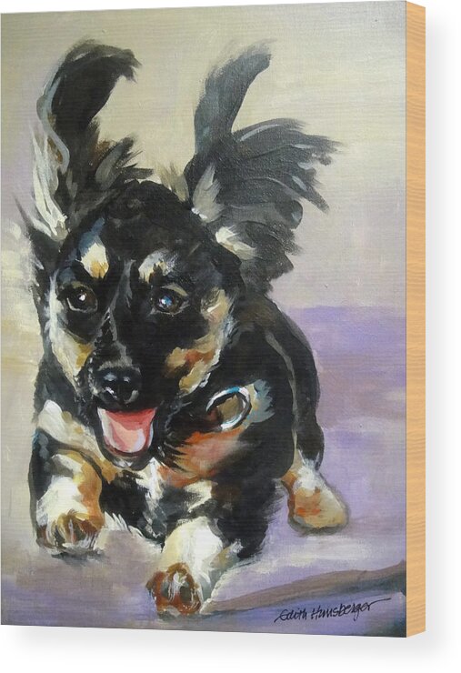 Puppy Wood Print featuring the painting Puppy Joy by Edith Hunsberger