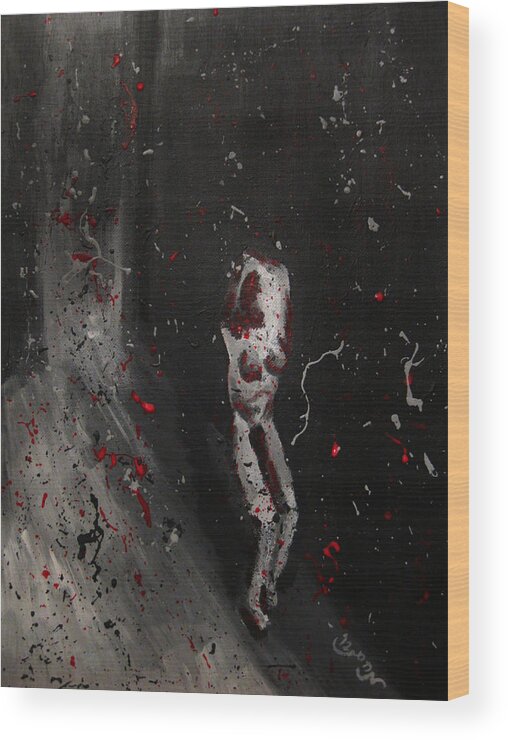 Splattered Wood Print featuring the painting Splattered Nude Young Female in Gritty City Alley in Black and White and Red by M Zimmerman