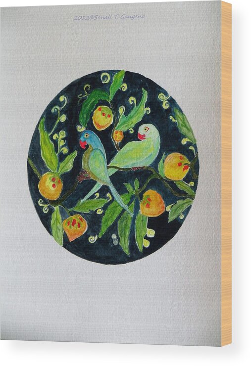 Talkative Parrots Wood Print featuring the painting Talkative Parakeets by Sonali Gangane