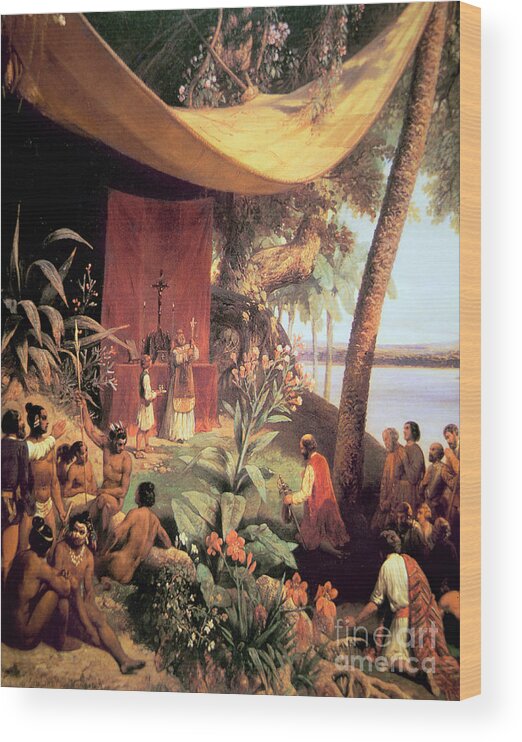 New World; America; Christianity; Colonisation; Colonists; Missionaries; Altar; Cross; Priest; Coastal; Native American Indians; Congregation; North American Indians Wood Print featuring the painting The first Mass held in the Americas by Pharamond Blanchard