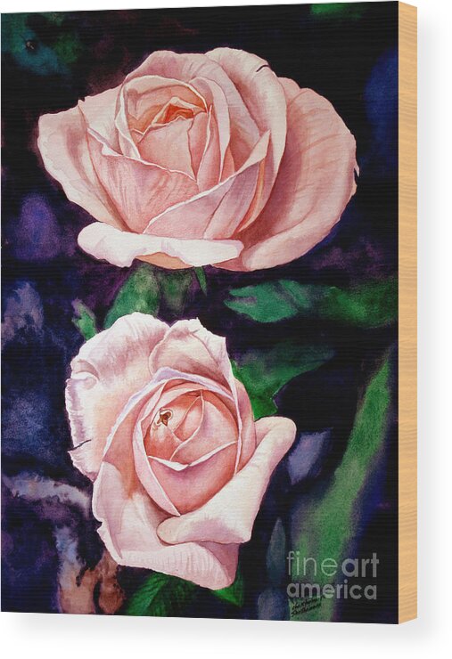 Rose Wood Print featuring the painting Two Roses by Christopher Shellhammer