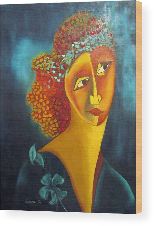Orange Wood Print featuring the painting Waiting for partner Orange woman blue cubist face torso tinted hair bold eyes neck flower on dress by Rachel Hershkovitz