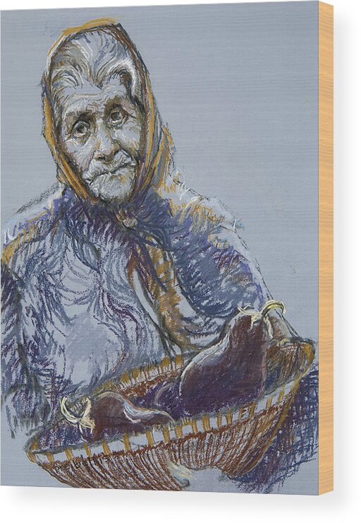 Women Wood Print featuring the drawing Woman with a Basket of Eggplant by Ellen Dreibelbis