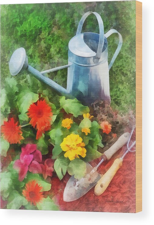 Zinnia Wood Print featuring the photograph Zinnias and Watering Can by Susan Savad