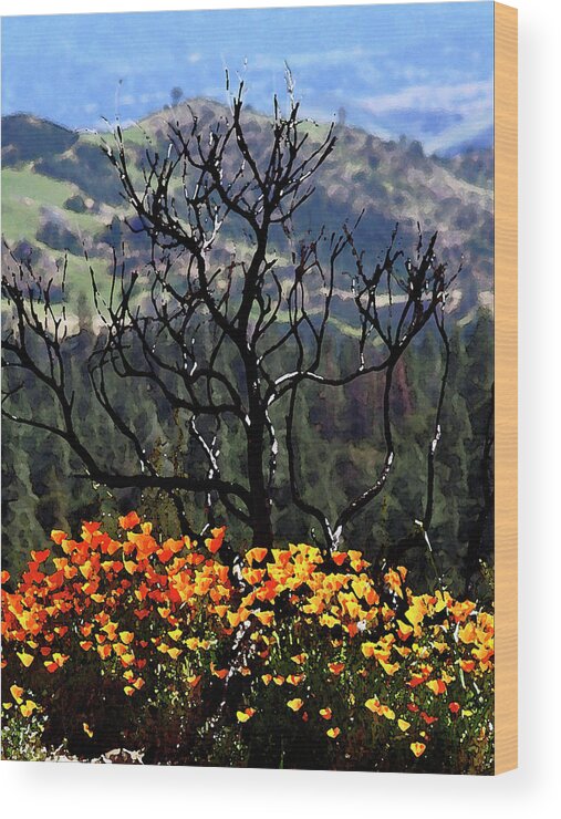 Mountian Wood Print featuring the photograph Tree And Poppies by Gary Brandes