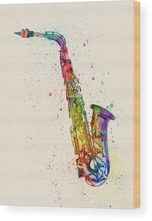 Saxophone Wood Print featuring the digital art Saxophone Abstract Watercolor #1 by Michael Tompsett