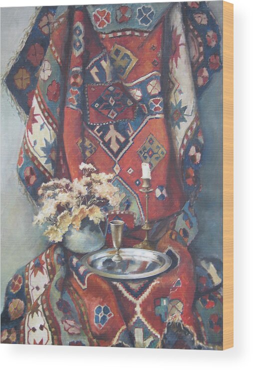 Armenian Wood Print featuring the painting Still-life with an old rug #1 by Tigran Ghulyan