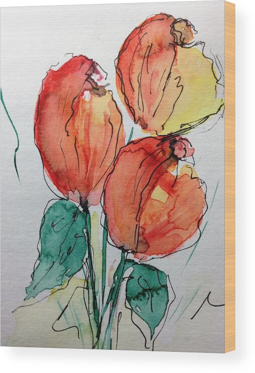 Three Tulips Tulip Wood Print featuring the painting Tulips #1 by Britta Zehm