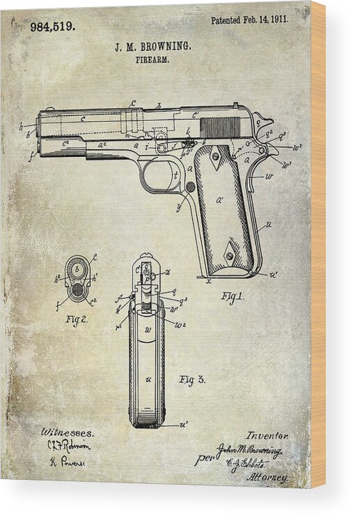 Pistol Wood Print featuring the photograph 1911 Firearm Patent by Jon Neidert