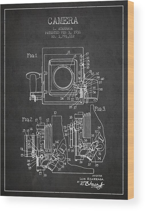 Camera Wood Print featuring the digital art 1931 Camera Patent - Charcoal by Aged Pixel