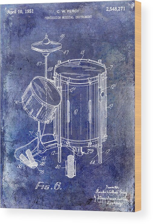 Drum Wood Print featuring the photograph 1951 Drum Kit Patent Blue by Jon Neidert