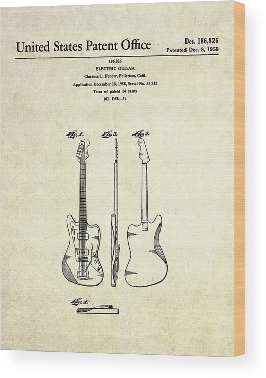Guitar Wood Print featuring the digital art 1959 Fender Jazzmaster Guitar Patent Art by Gary Bodnar