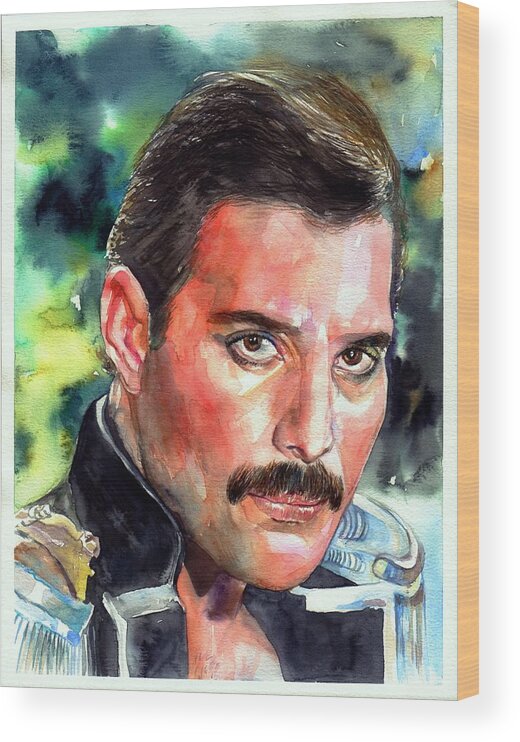 Freddie Wood Print featuring the painting Freddie Mercury portrait #3 by Suzann Sines