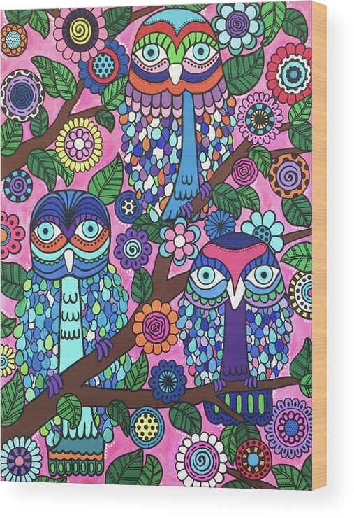 Owls Wood Print featuring the painting 3 Owls by Beth Ann Scott