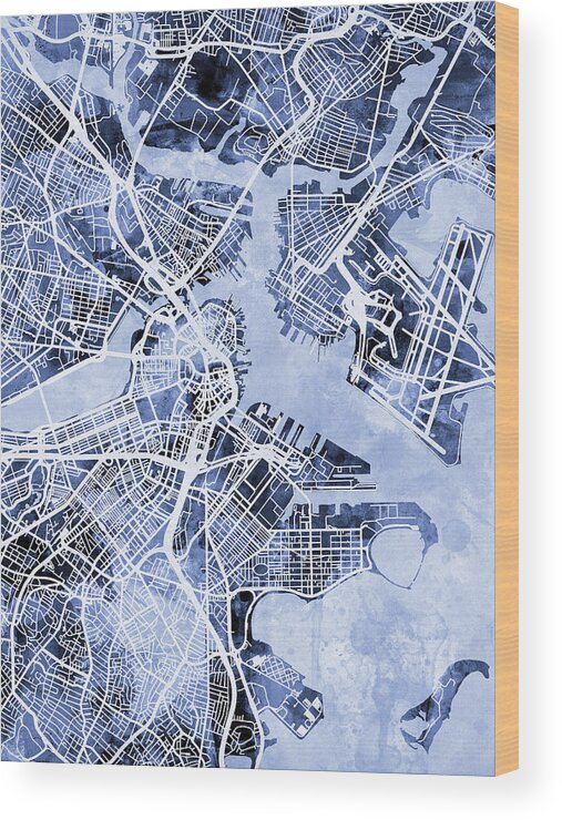 Street Map Wood Print featuring the digital art Boston Massachusetts Street Map by Michael Tompsett