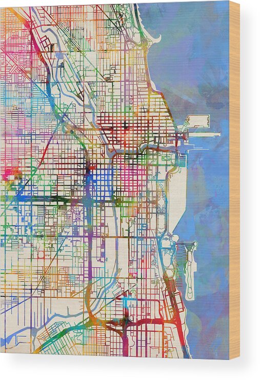 Chicago Wood Print featuring the digital art Chicago City Street Map by Michael Tompsett