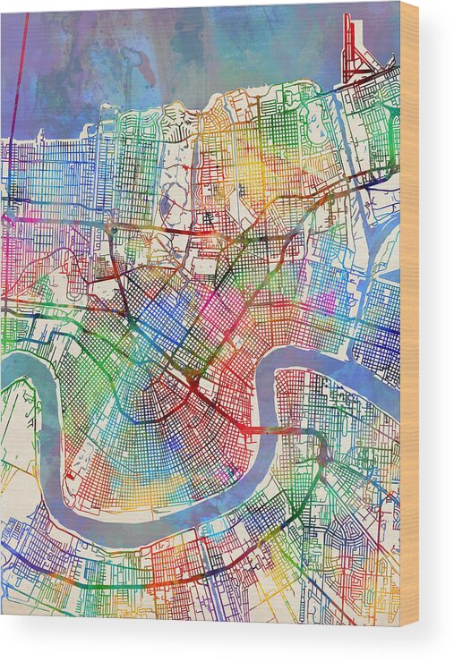 Street Map Wood Print featuring the digital art New Orleans Street Map by Michael Tompsett