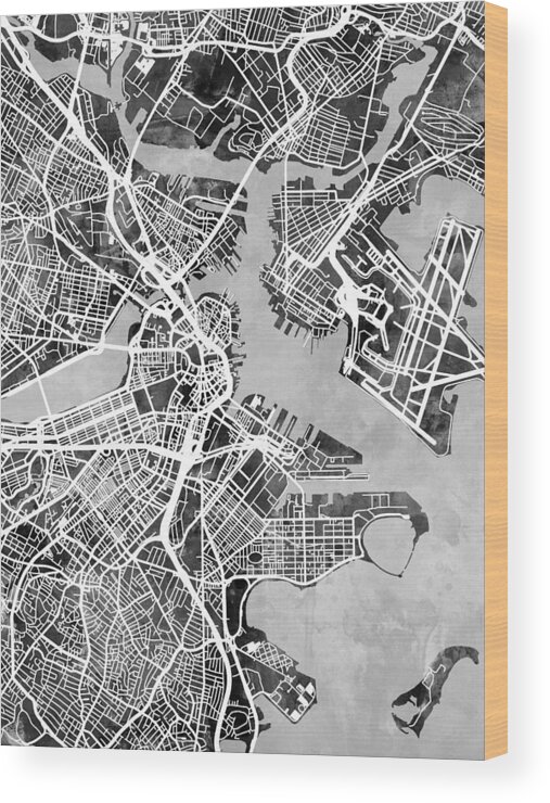 Street Map Wood Print featuring the digital art Boston Massachusetts Street Map #8 by Michael Tompsett
