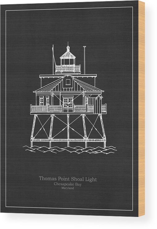 Thomas Point Shoal Wood Print featuring the drawing Thomas Point Shoal Lighthouse - Maryland - blueprint drawing #8 by SP JE Art
