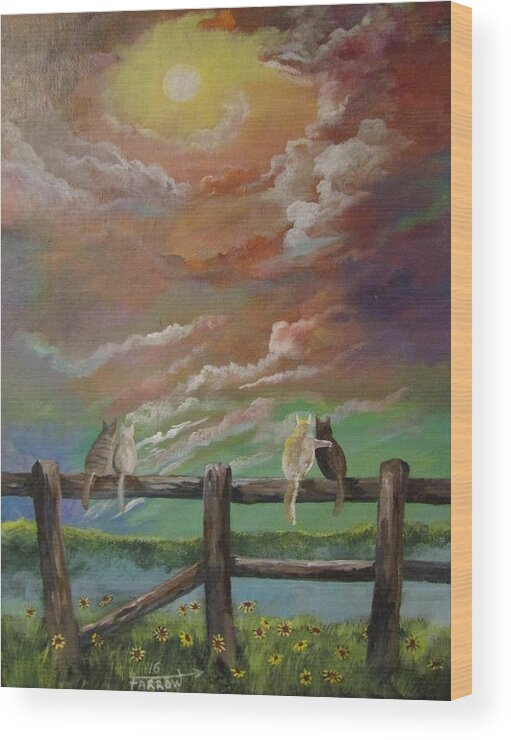 Kitties Under The Full Moon Wood Print featuring the painting A Springtime Lovers Moon by Dave Farrow