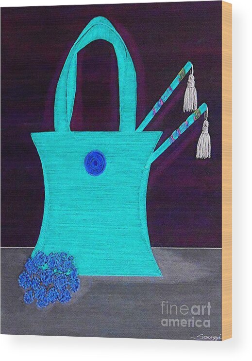 Turquoise Wood Print featuring the painting A Purse for Mei Ling -- Turquoise Negative by Jayne Somogy
