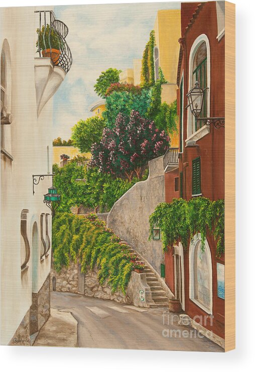 Italy Street Painting Wood Print featuring the painting A Street in Positano by Charlotte Blanchard