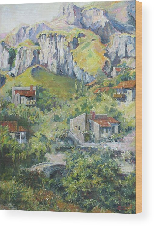 Armenian Wood Print featuring the painting A village nestled in the foothills by Tigran Ghulyan