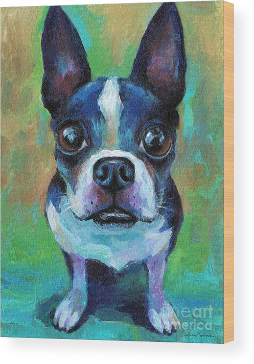 Boston Terrier Wood Print featuring the painting Adorable Boston Terrier Dog by Svetlana Novikova