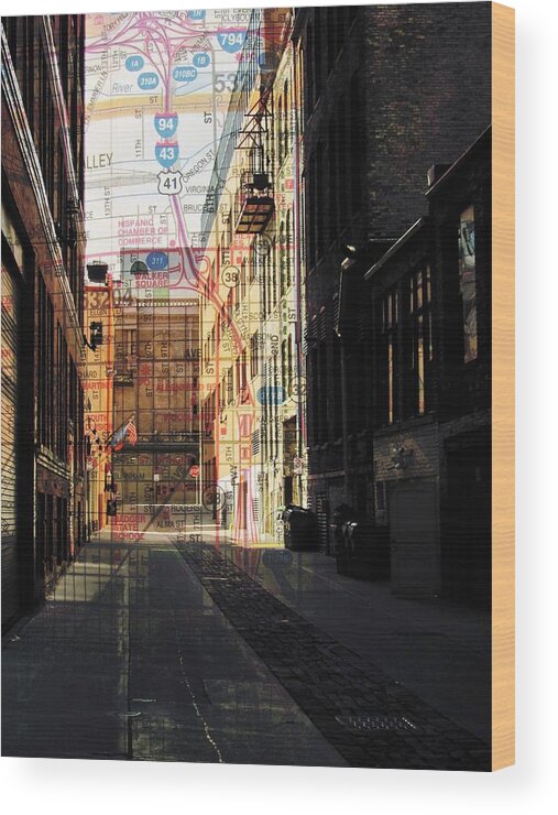 Fusion Foto Art Wood Print featuring the digital art Alley Front Street w Map by Anita Burgermeister