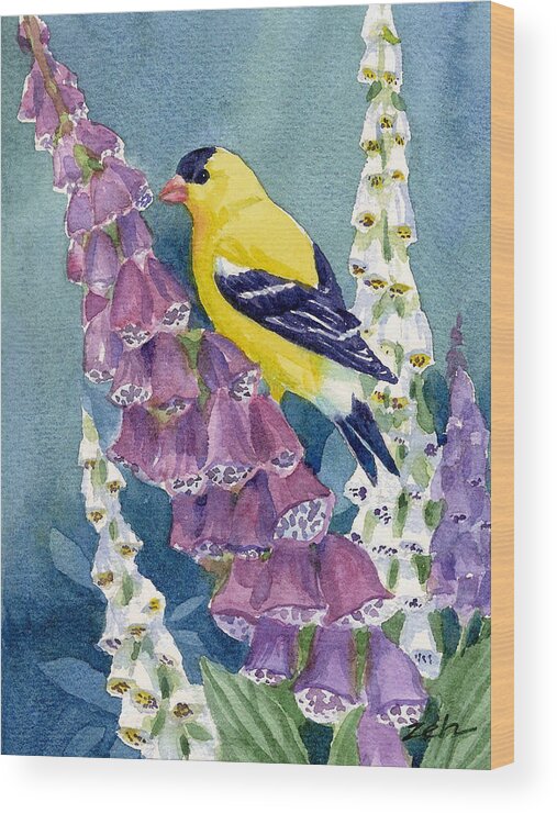 Goldfinch Wood Print featuring the painting American Goldfinch and Foxgloves by Janet Zeh
