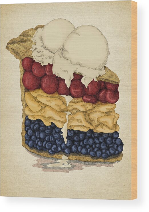 American Pie Cherry Apple Blueberry Food Red White Blue Wood Print featuring the drawing American Pie by Meg Shearer