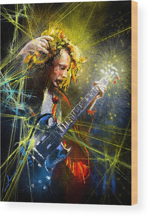 Music Wood Print featuring the painting Angus Young by Miki De Goodaboom