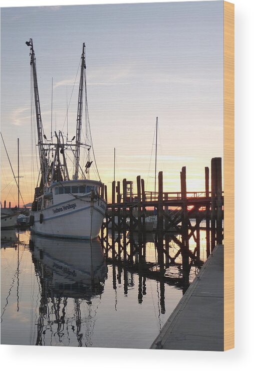 Twilight Shrimp Boat Docks Piers Pilings Sailboats Sunset Reflections Wood Print featuring the photograph April Afternoon by Joel Deutsch