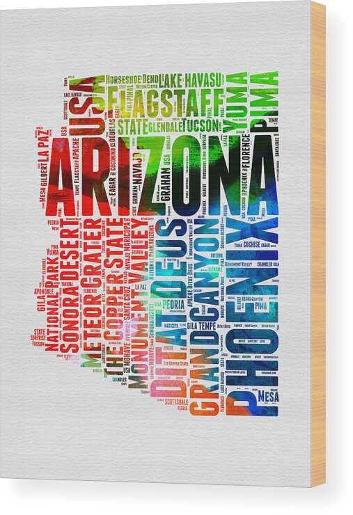 Arizona Wood Print featuring the digital art Arizona Watercolor Word Cloud Map by Naxart Studio