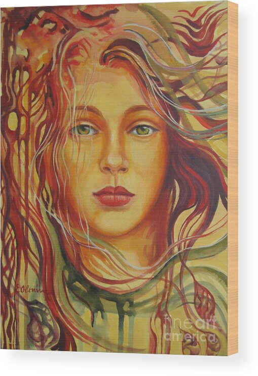 Woman Wood Print featuring the painting Autumn wind 2 by Elena Oleniuc