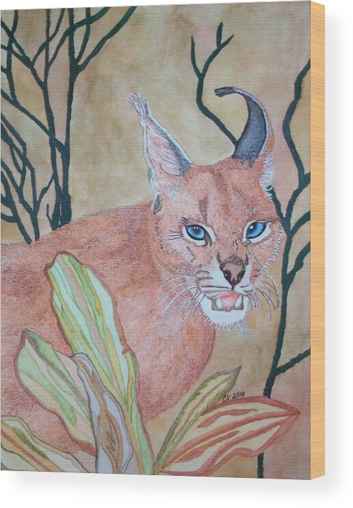 Caracal Golden Cat Wood Print featuring the painting Awaiting Your Mistake by Connie Valasco