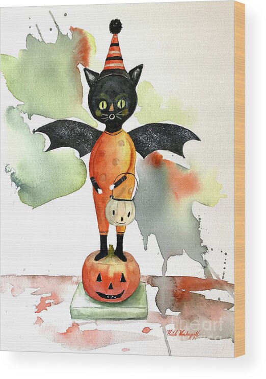 Bat Wood Print featuring the painting Batty Vintage Cat by Hilda Vandergriff