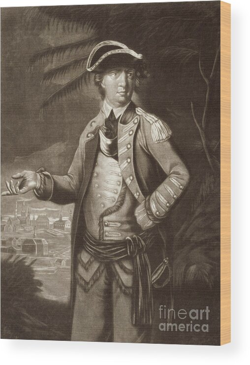 Benedict Arnold Wood Print featuring the drawing Benedict Arnold, after a portrait of 1766 with Quebec in the background by English School