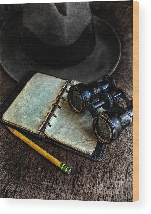 Binoculars Wood Print featuring the photograph Binoculars Fedora and Notebook by Jill Battaglia