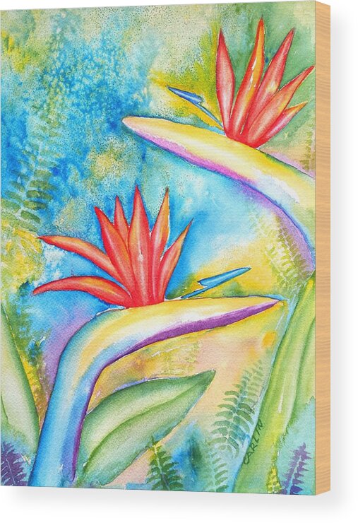Bird Of Paradise Wood Print featuring the painting Birds of Paradise by Carlin Blahnik CarlinArtWatercolor