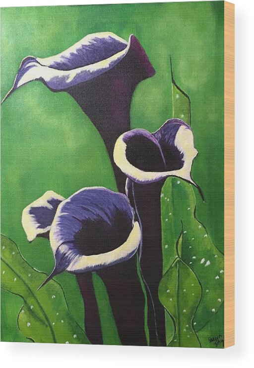 Calla Lily Wood Print featuring the painting Black Calla Lilies by Queen Gardner