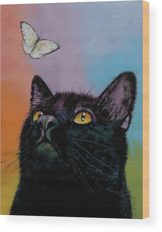Cat Wood Print featuring the painting Black Cat Butterfly by Michael Creese