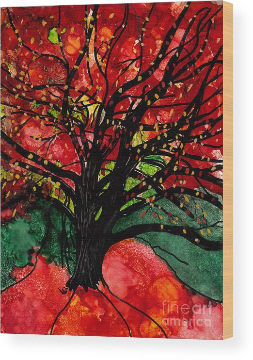 Blazing Autumn Tree Wood Print featuring the mixed media Blazing Red Orange Autumn Tree by Conni Schaftenaar