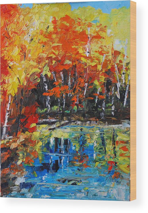  Landscape Wood Print featuring the painting Blazing Reflections by Phil Burton