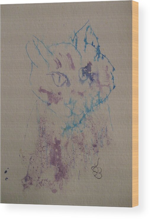 Blue Wood Print featuring the drawing Blue And Purple Cat by AJ Brown