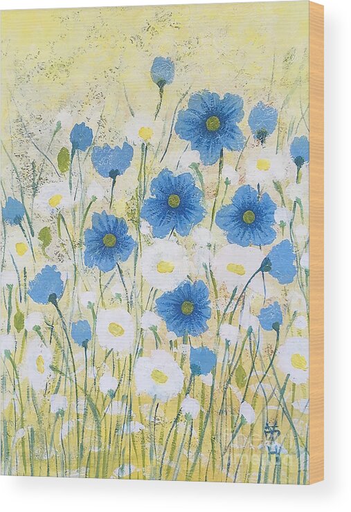 Flower Wood Print featuring the painting Blue and white by Wonju Hulse