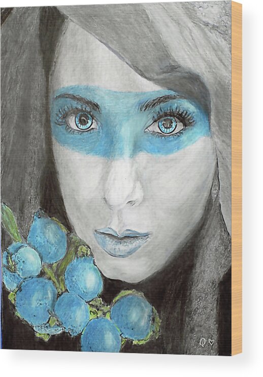 Girl Wood Print featuring the drawing Blue Berry Kisses by Quwatha Valentine